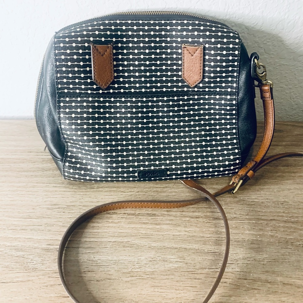 FOSSIL / Fiona black white printed leather satchel crossbody bag